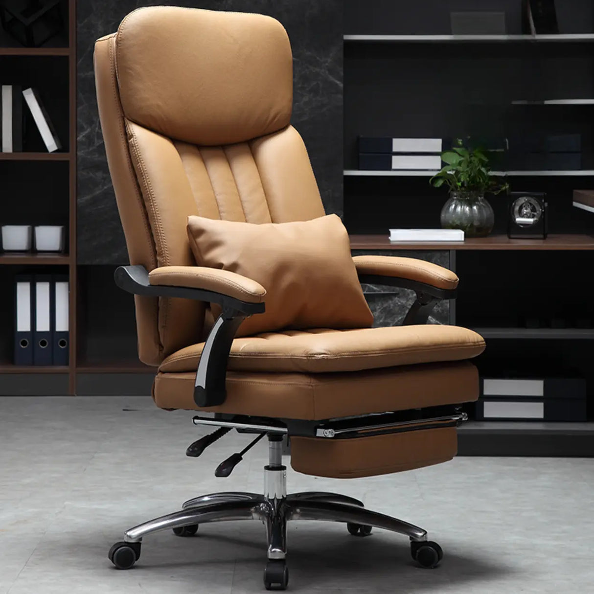 Tan Swivel Reclining Calfskin Office Chair with Footrest Image - 11