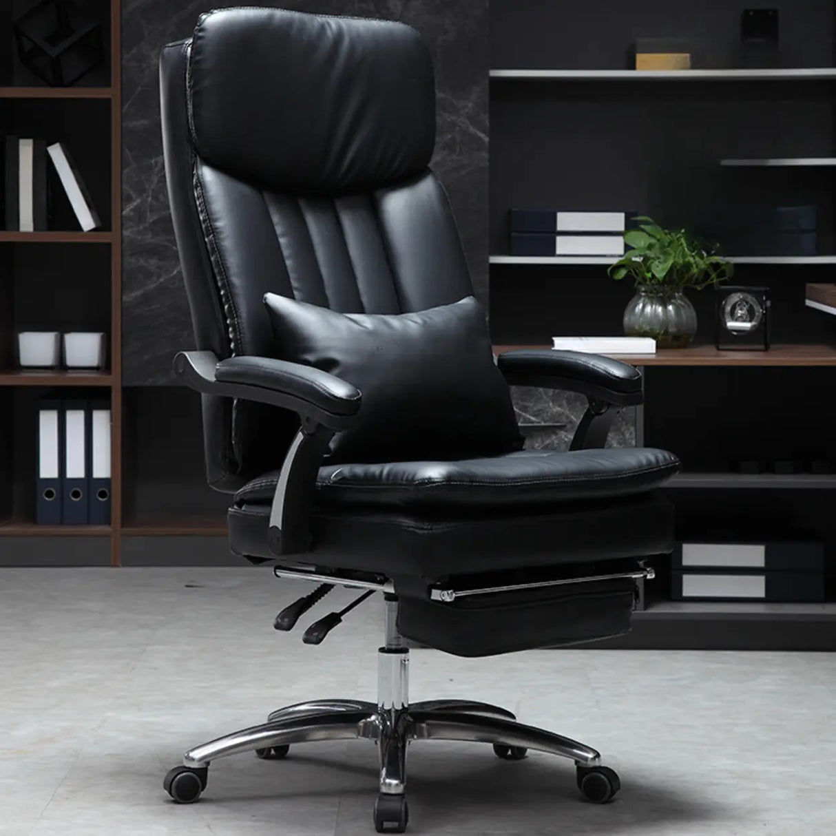 Tan Swivel Reclining Calfskin Office Chair with Footrest Image - 13