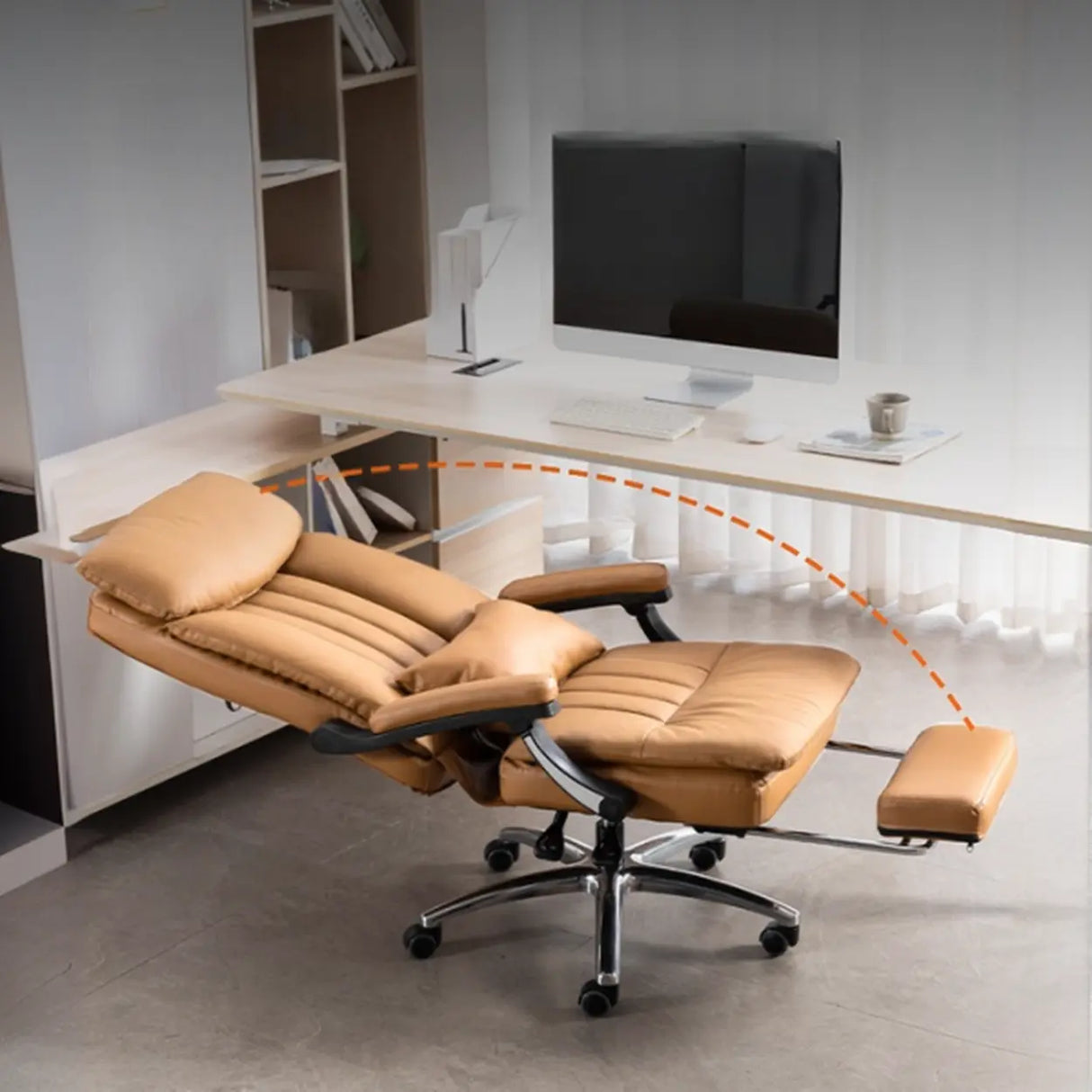 Tan Swivel Reclining Calfskin Office Chair with Footrest Image - 4