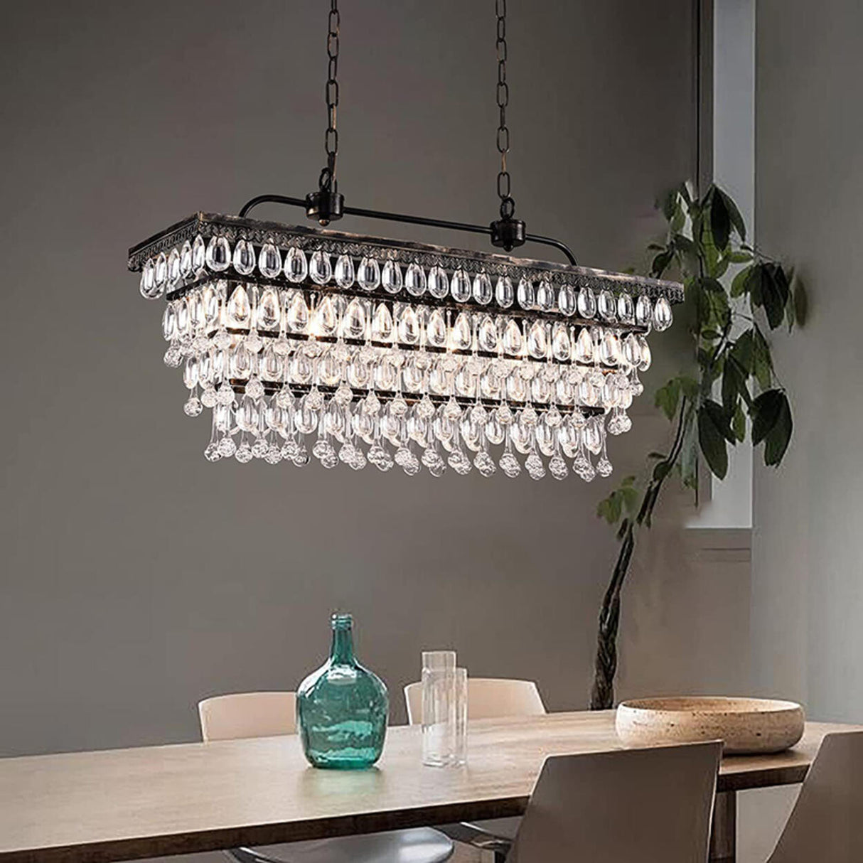 Tiered Droplets Rectangular Crystal Chandelier Light Image - 1