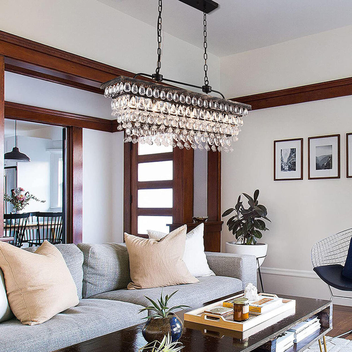 Tiered Droplets Rectangular Crystal Chandelier Light Image - 6