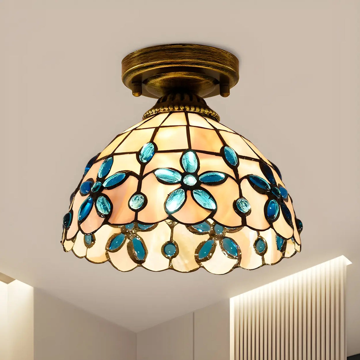 Tiffany Bowl-Shaped Stained Gem Glass Flush Mount Light Image - 2