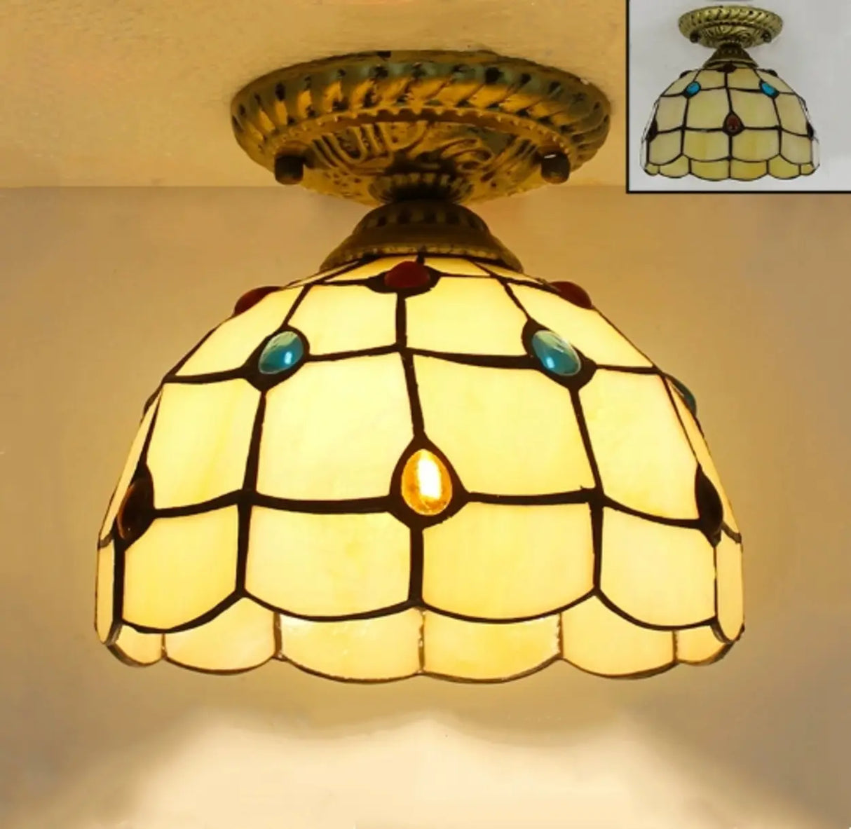 Tiffany Bowl-Shaped Stained Gem Glass Flush Mount Light Image - 3