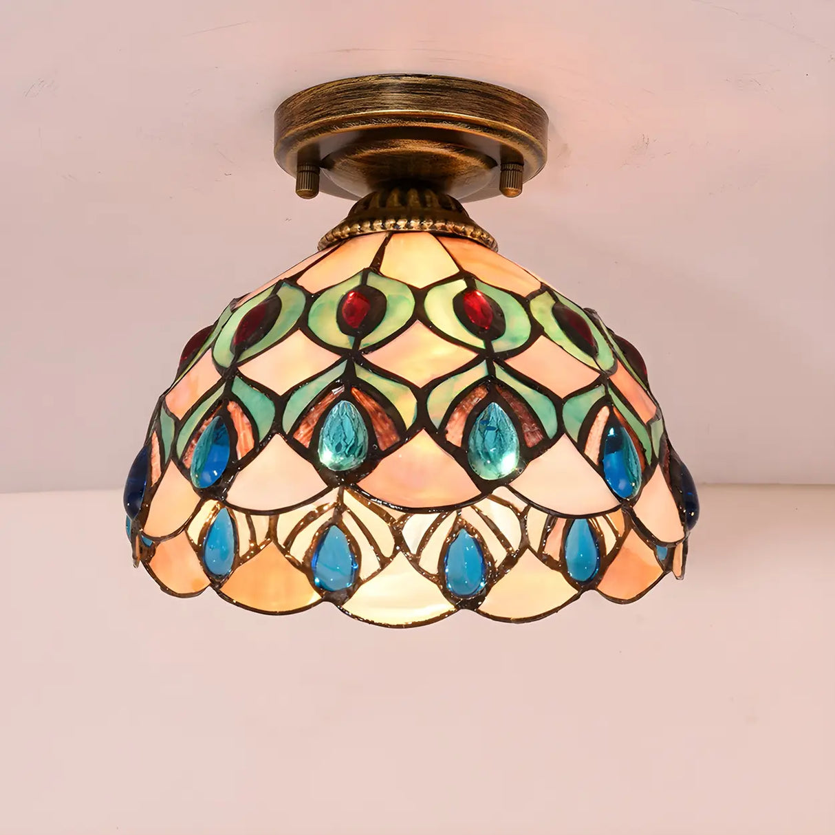 Tiffany Bowl-Shaped Stained Gem Glass Flush Mount Light Image - 4