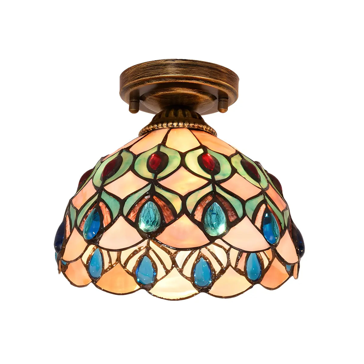 Tiffany Bowl-Shaped Stained Gem Glass Flush Mount Light Image - 5