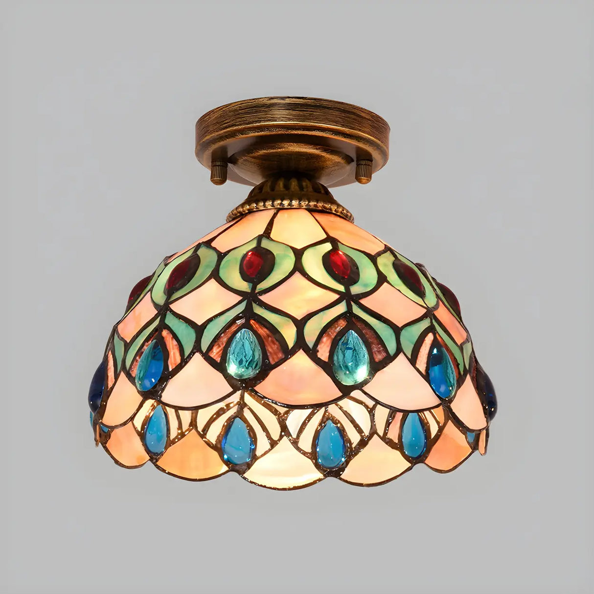 Tiffany Bowl-Shaped Stained Gem Glass Flush Mount Light Image - 6