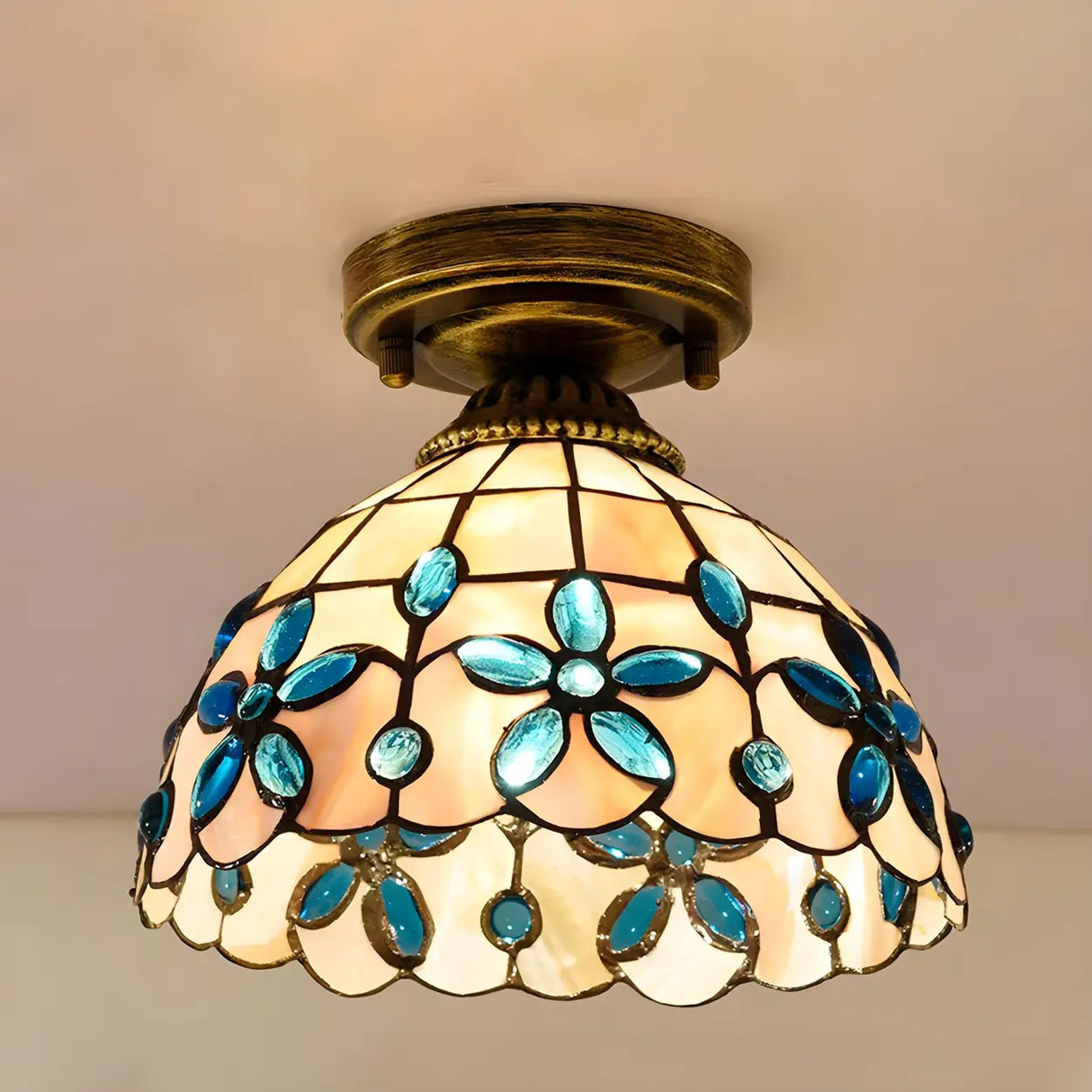 Tiffany Bowl-Shaped Stained Gem Glass Flush Mount Light Image - 7