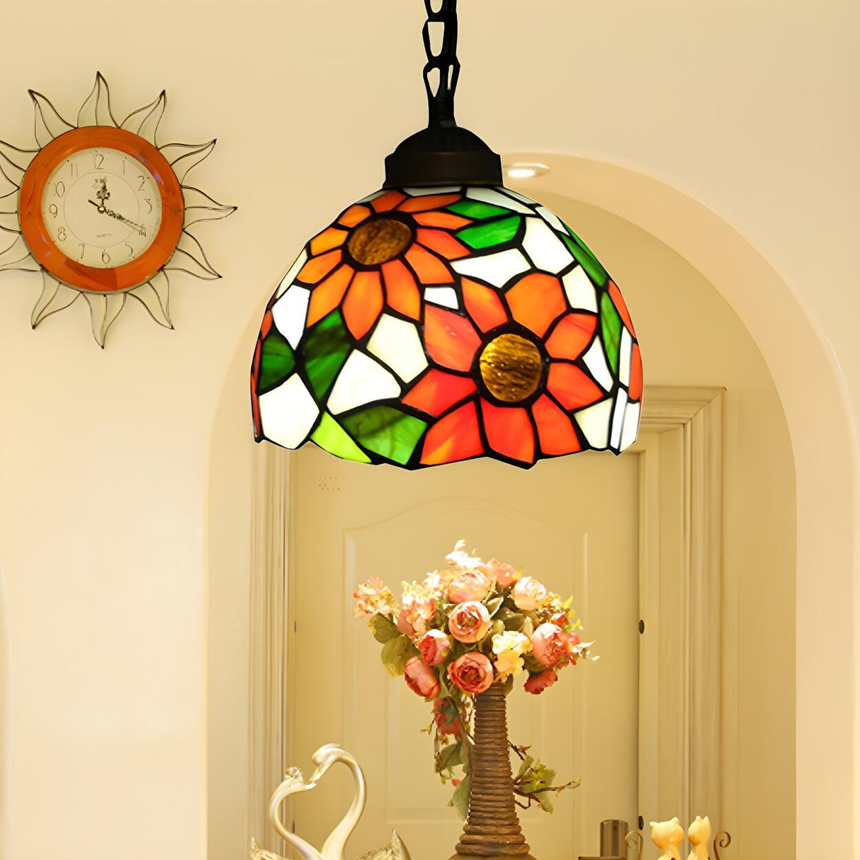 Tiffany Dome Floral Red Orange Stained Glass Pendant Light Image - 10