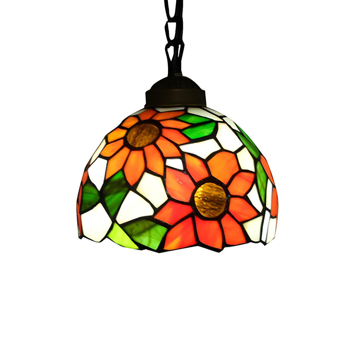 Tiffany Dome Floral Red Orange Stained Glass Pendant Light Image - 11