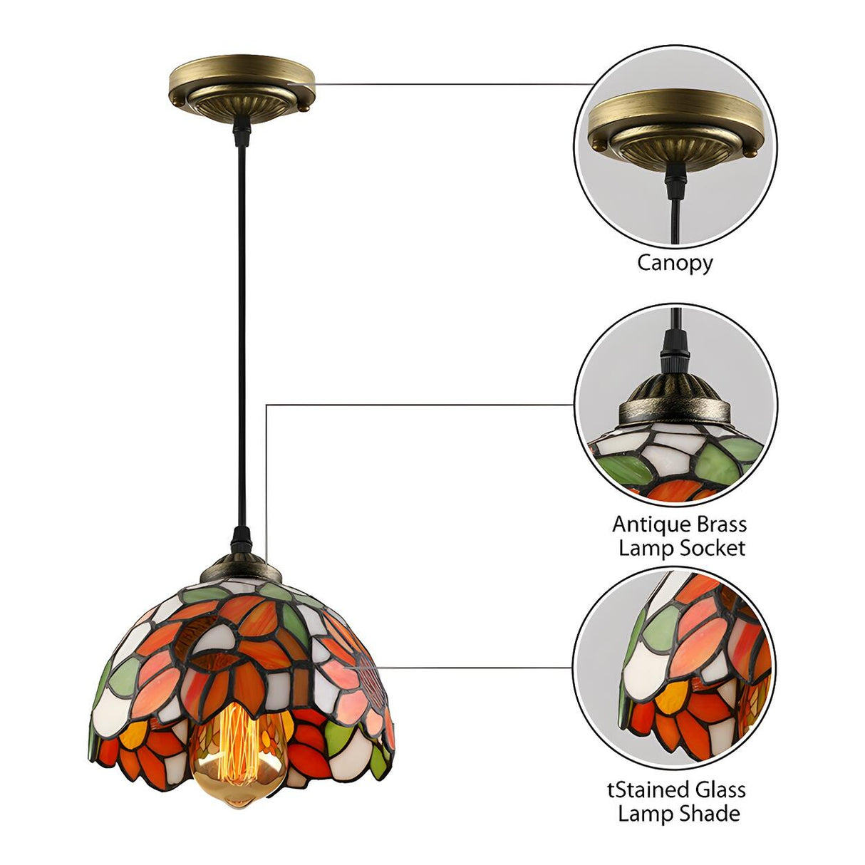 Tiffany Dome Floral Red Orange Stained Glass Pendant Light Image - 12