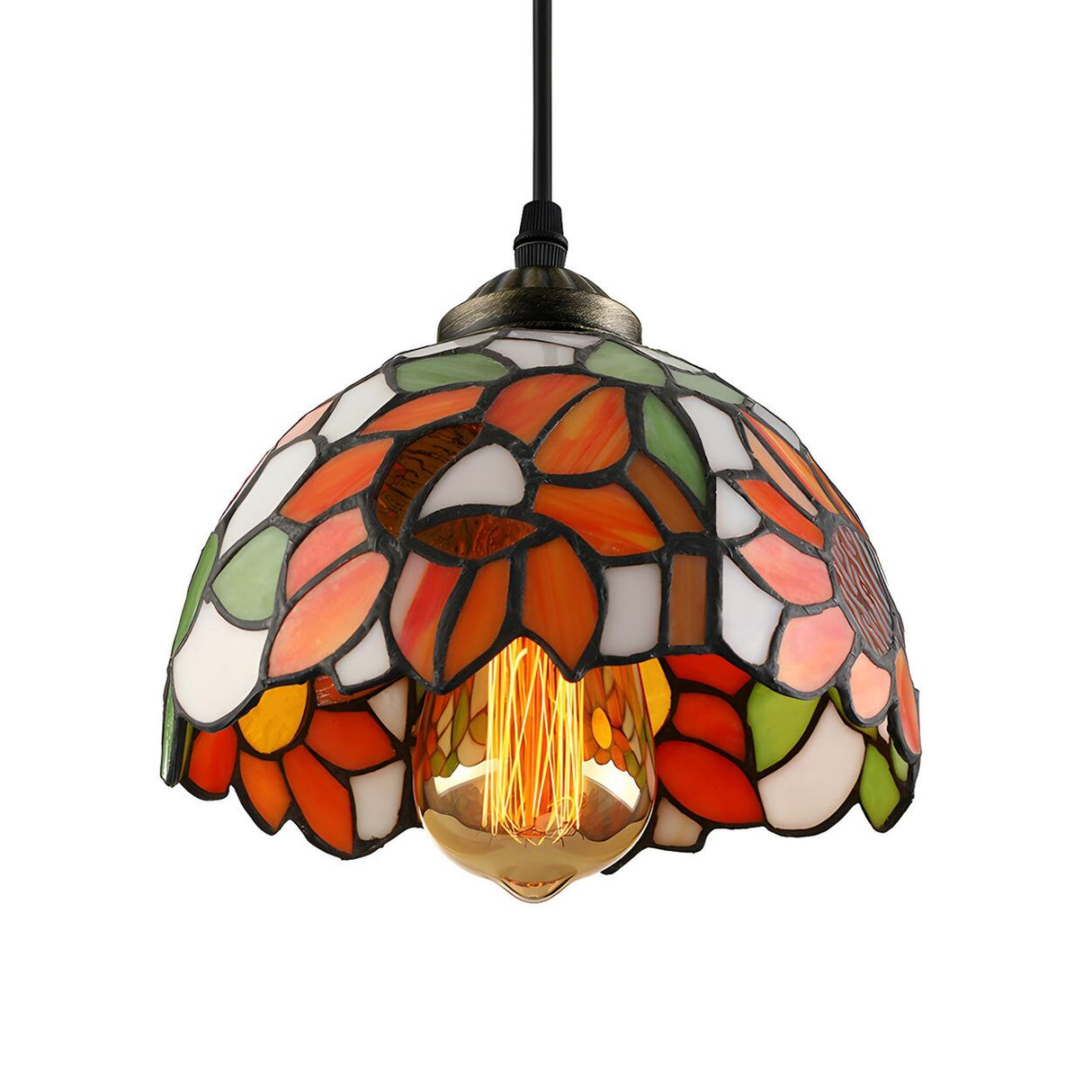 Tiffany Dome Floral Red Orange Stained Glass Pendant Light Image - 3