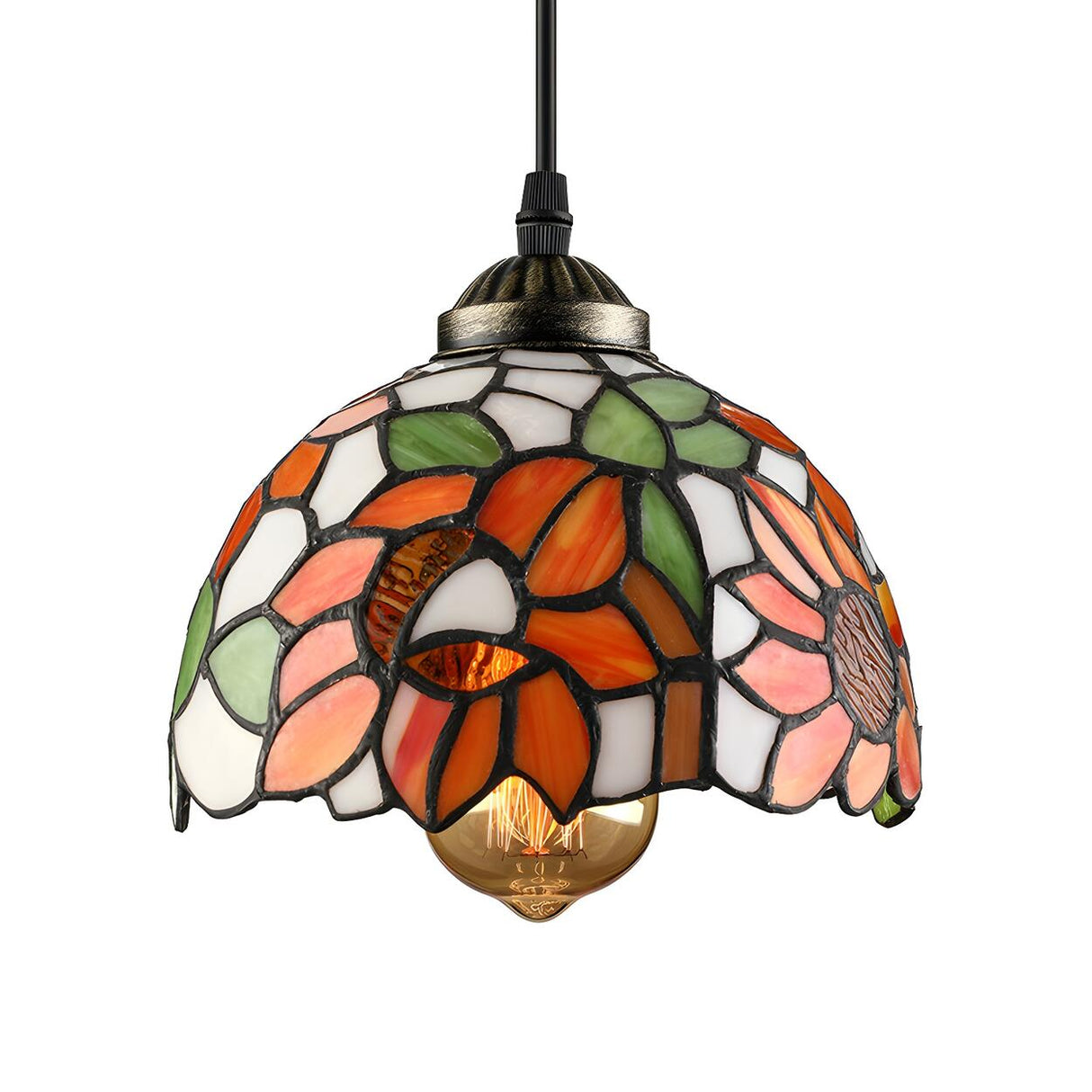 Tiffany Dome Floral Red Orange Stained Glass Pendant Light Image - 4