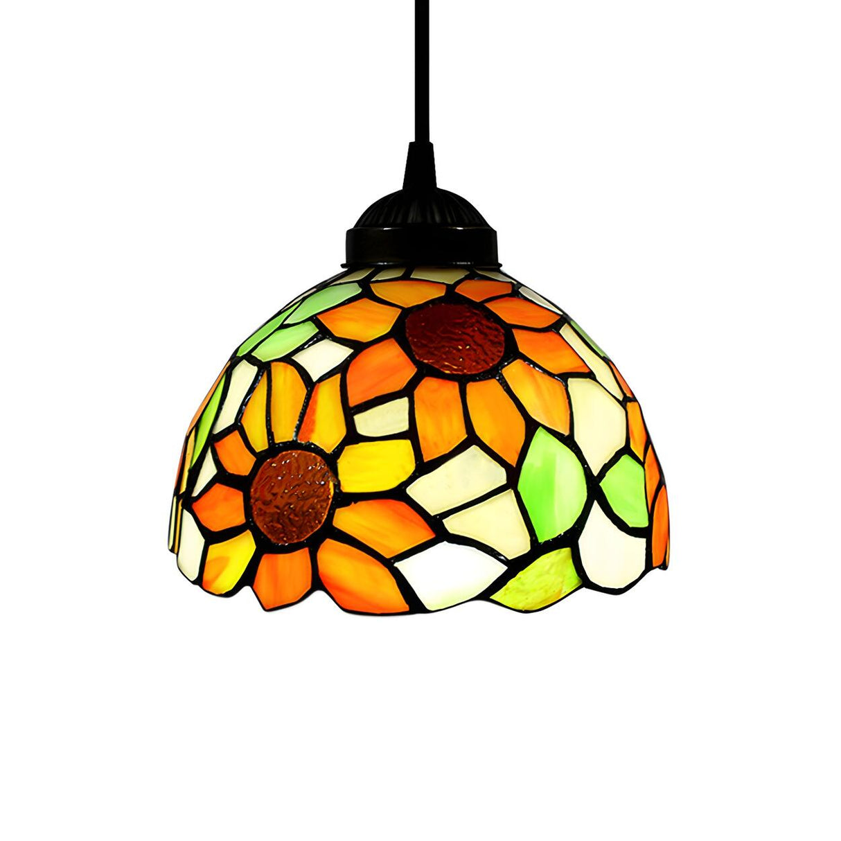Tiffany Dome Floral Red Orange Stained Glass Pendant Light Image - 7