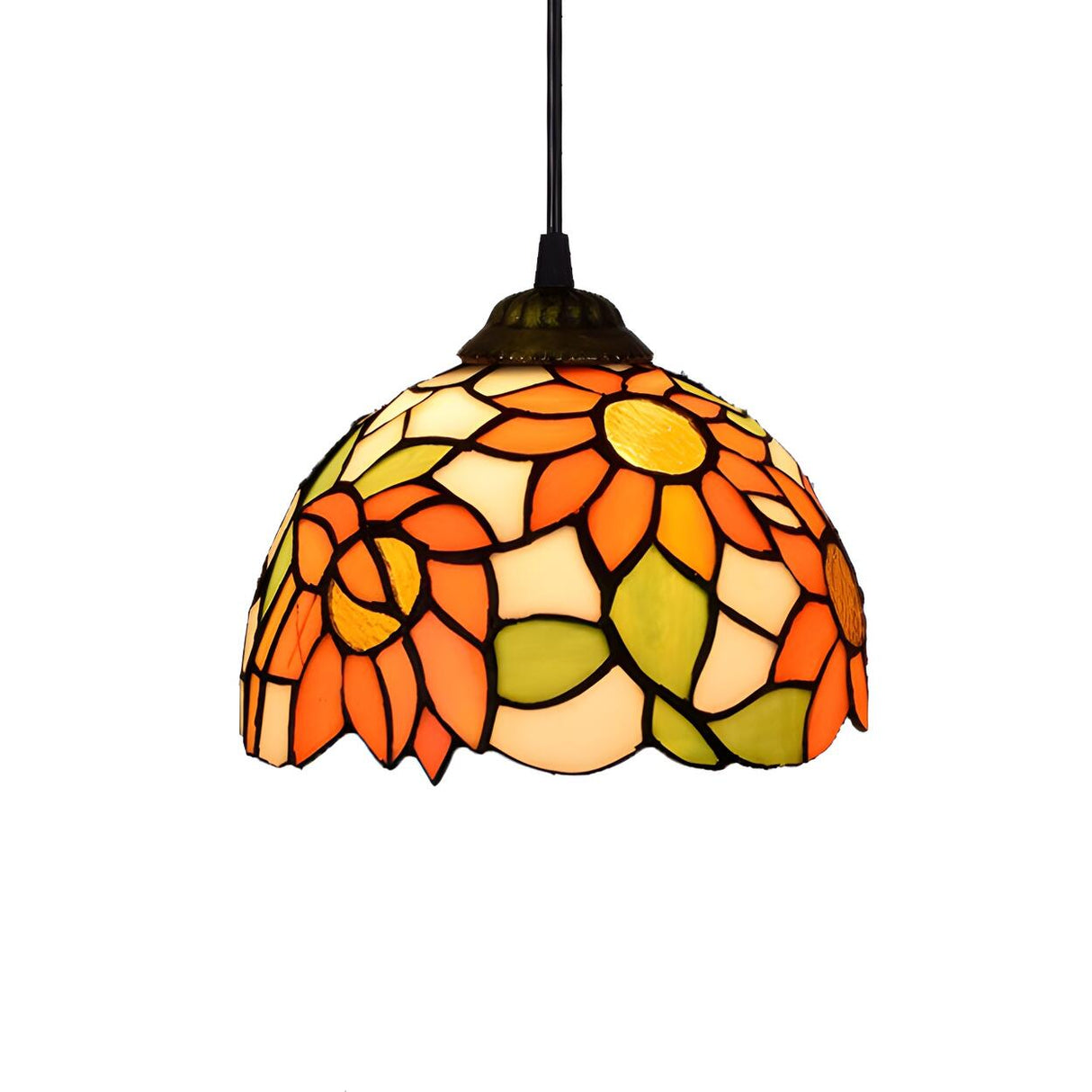 Tiffany Dome Floral Red Orange Stained Glass Pendant Light Image - 9