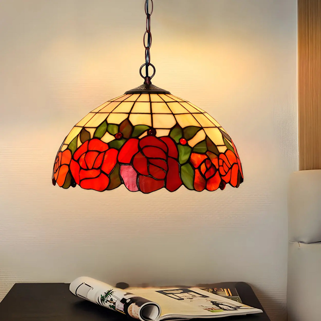 Tiffany Dome Stained Glass Red Flower Cafe Chandelier Image - 1
