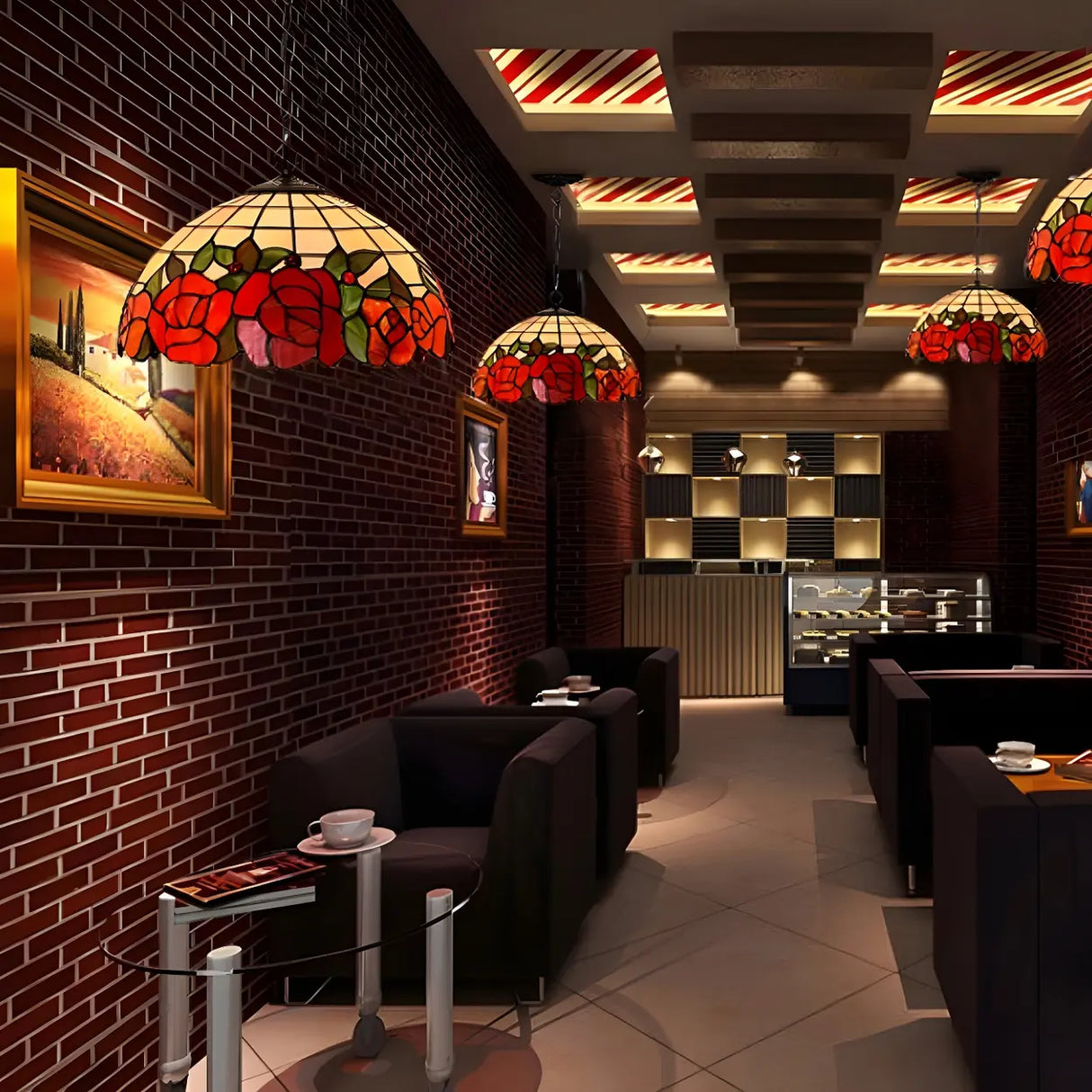 Tiffany Dome Stained Glass Red Flower Cafe Chandelier Image - 2