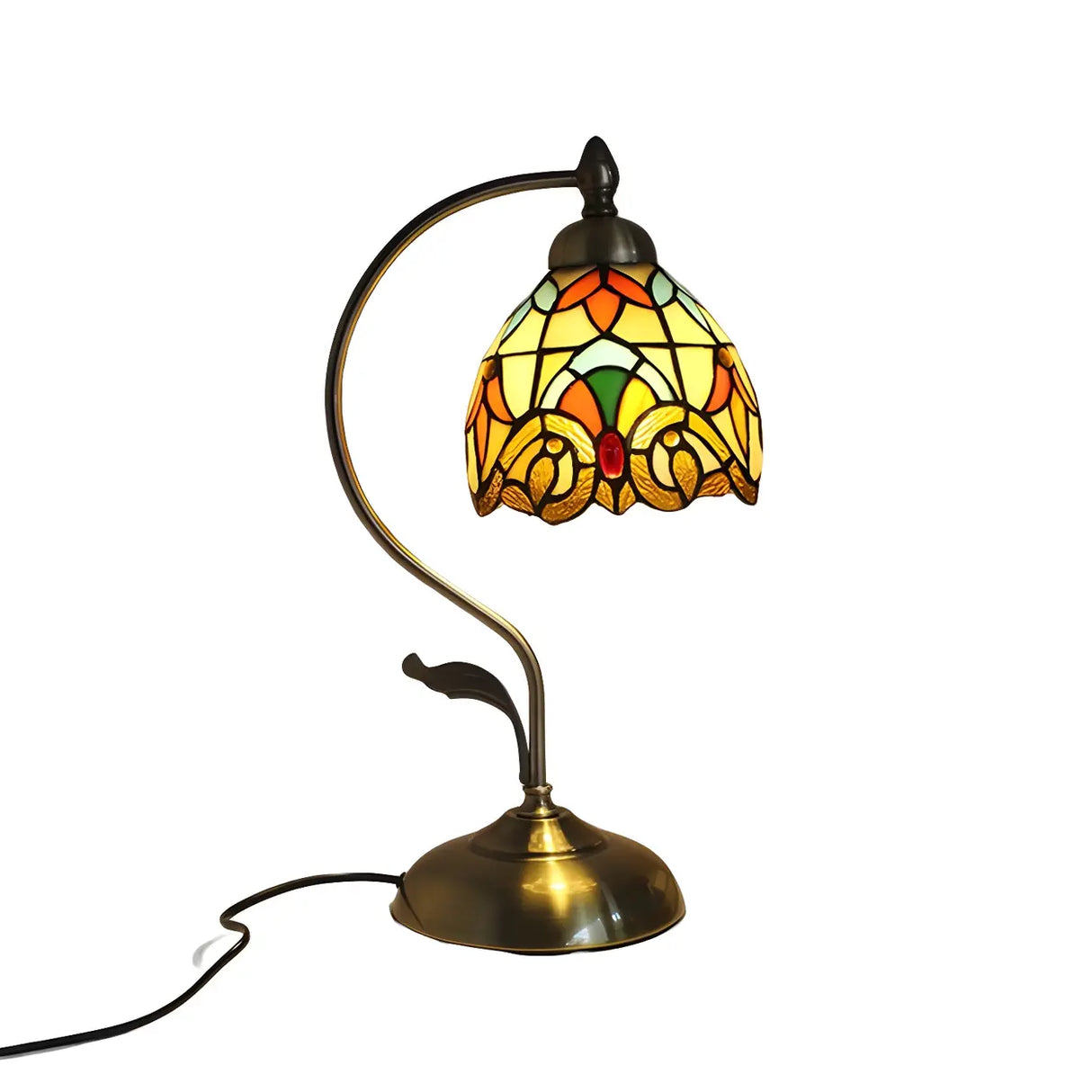Tiffany Floral Curved Brass Table Lamp Multi-Color 1 Bulb Image - 6