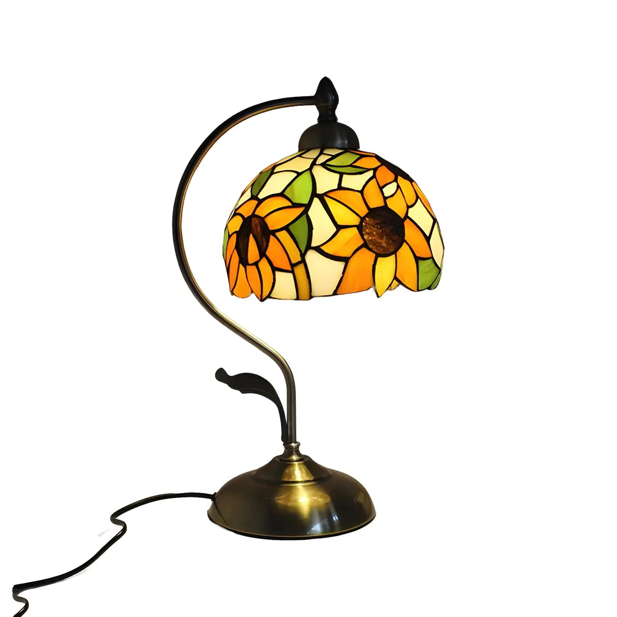 Tiffany Floral Curved Brass Table Lamp Multi-Color 1 Bulb Image - 8