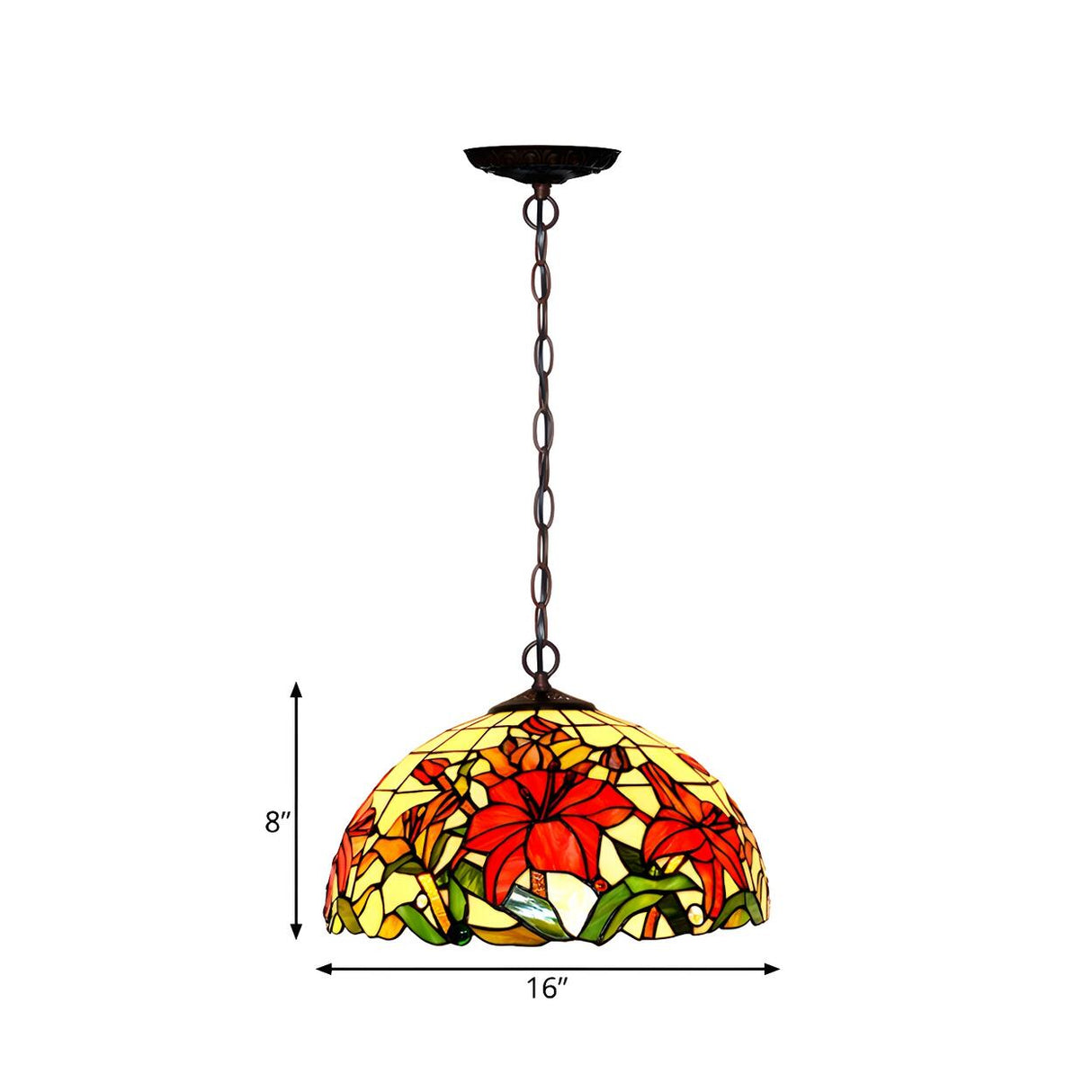 Tiffany Floral Red Stained Glass Dome Pendant Chandelier