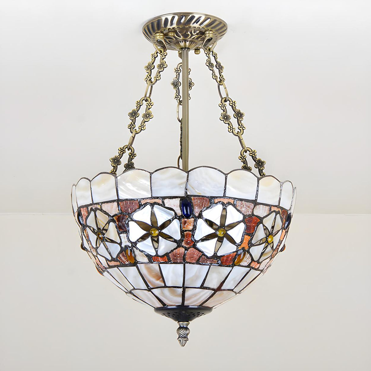 Tiffany Stained Glass Brass Bowl Semi-Flush Mount Light Image - 2