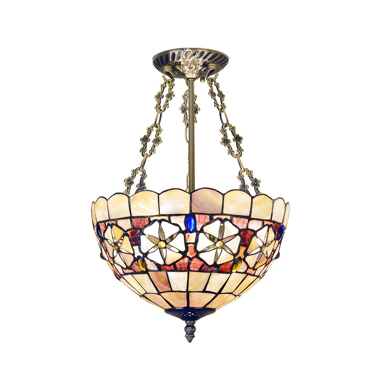 Tiffany Stained Glass Brass Bowl Semi-Flush Mount Light Image - 3
