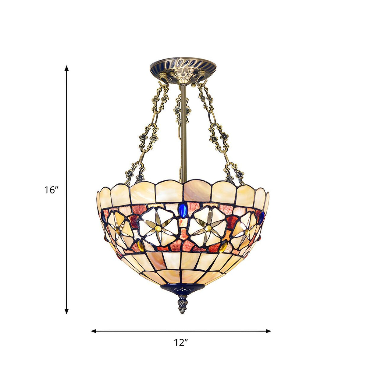 Tiffany Stained Glass Brass Bowl Semi-Flush Mount Light Image - 4
