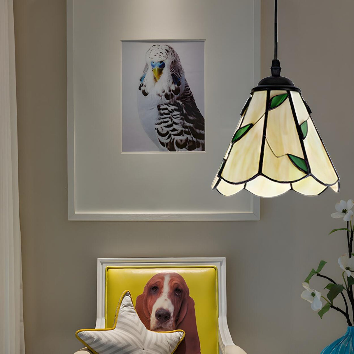 Tiffany Stained Glass Green Leaves Dome Pendant Light Image - 1