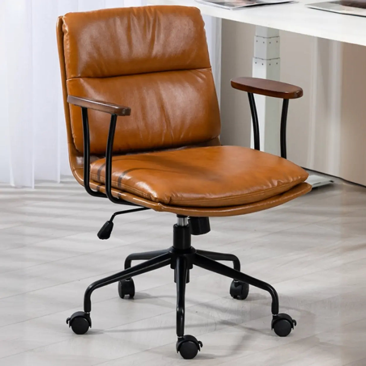 Tilt Ergonomic Off-White Swivel Leather Office Chair Image - 5