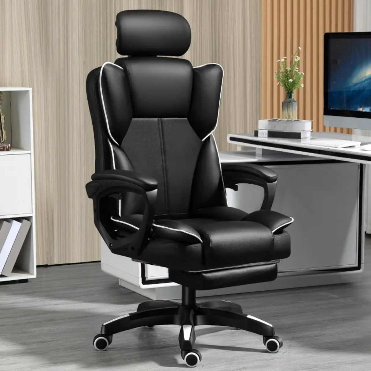 Tilt Lumbar Support Swivel Leather Adjustable Office Chair Image - 2