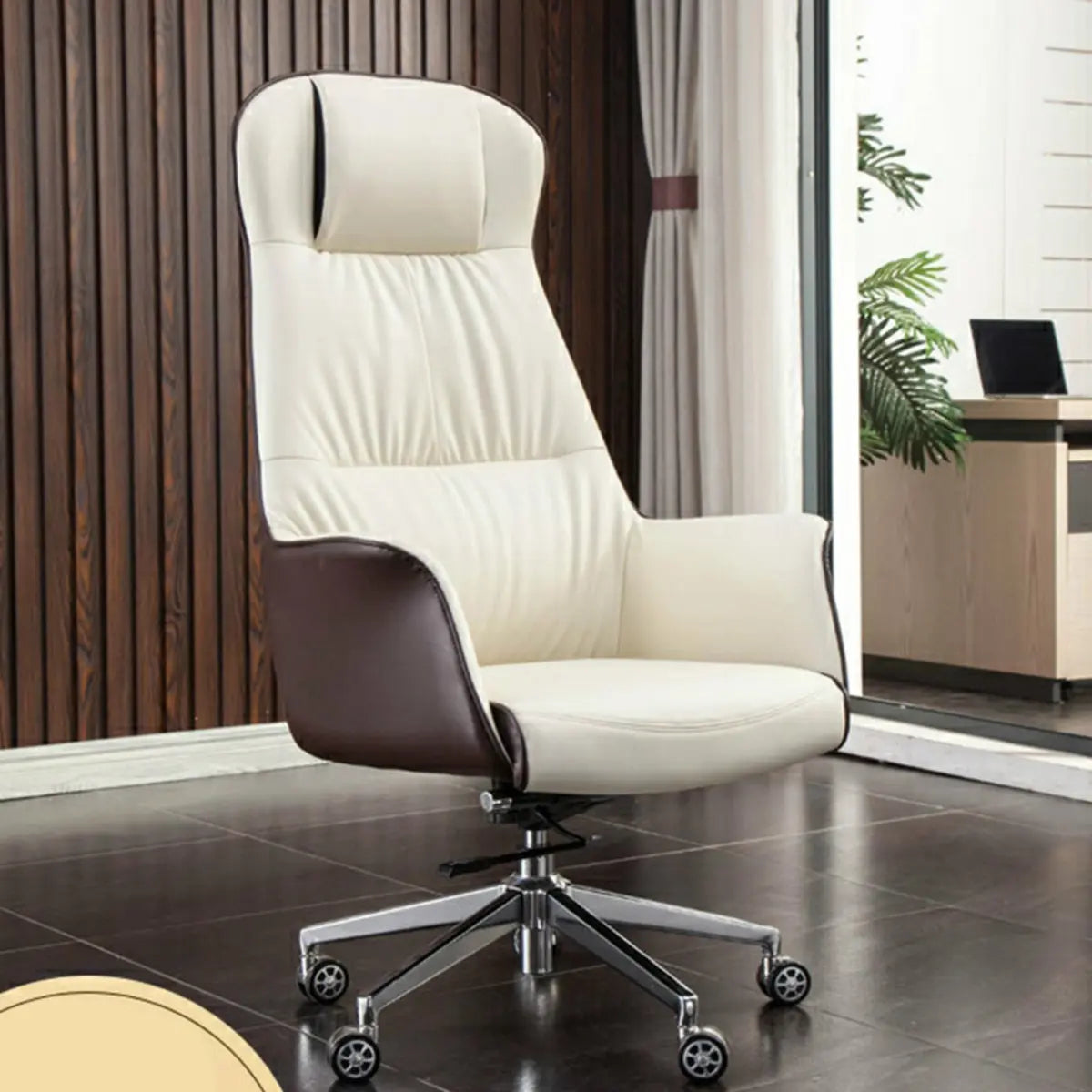 Tilt Mechanism Cream Swivel Leather Executive Office Chair Image - 1