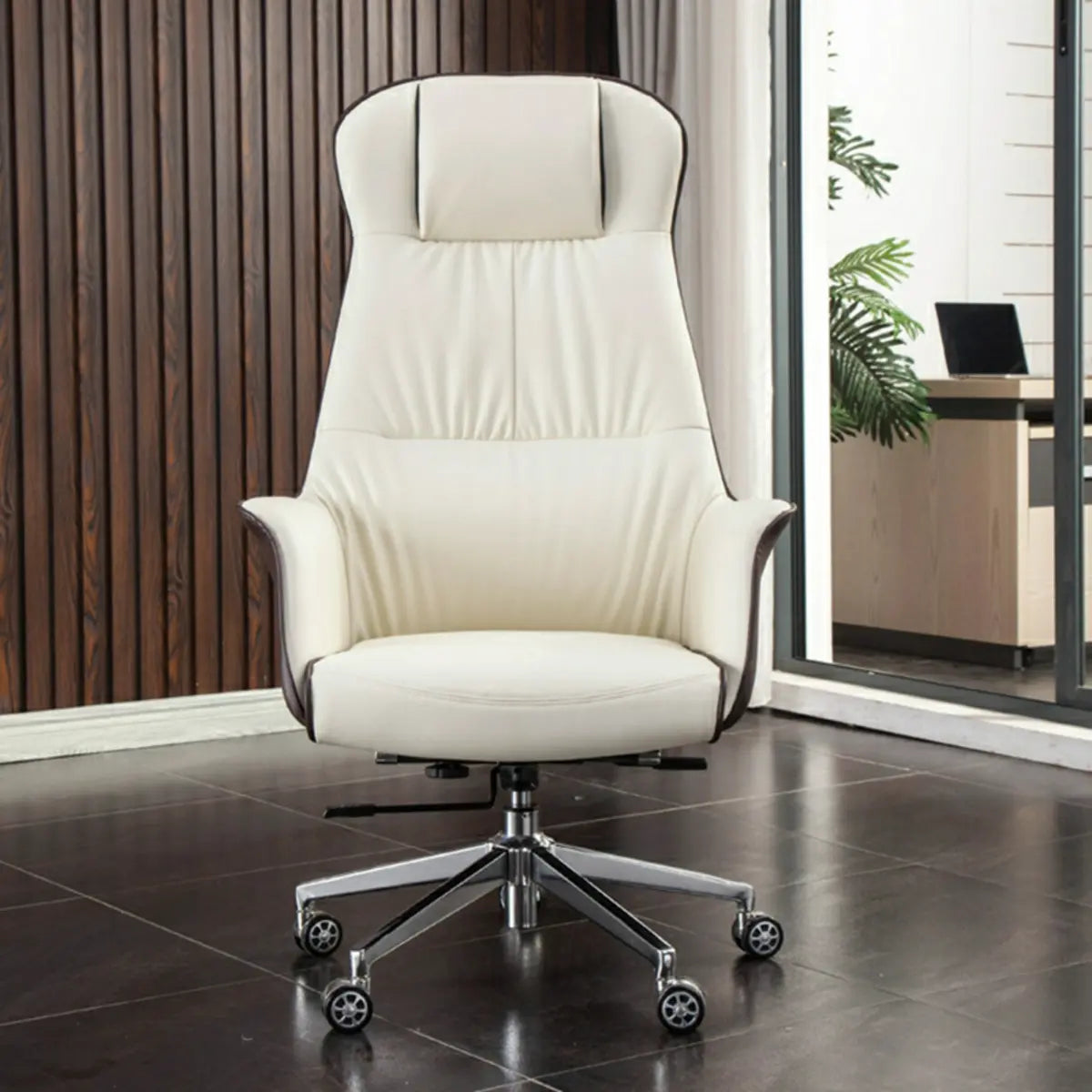 Tilt Mechanism Cream Swivel Leather Executive Office Chair Image - 3