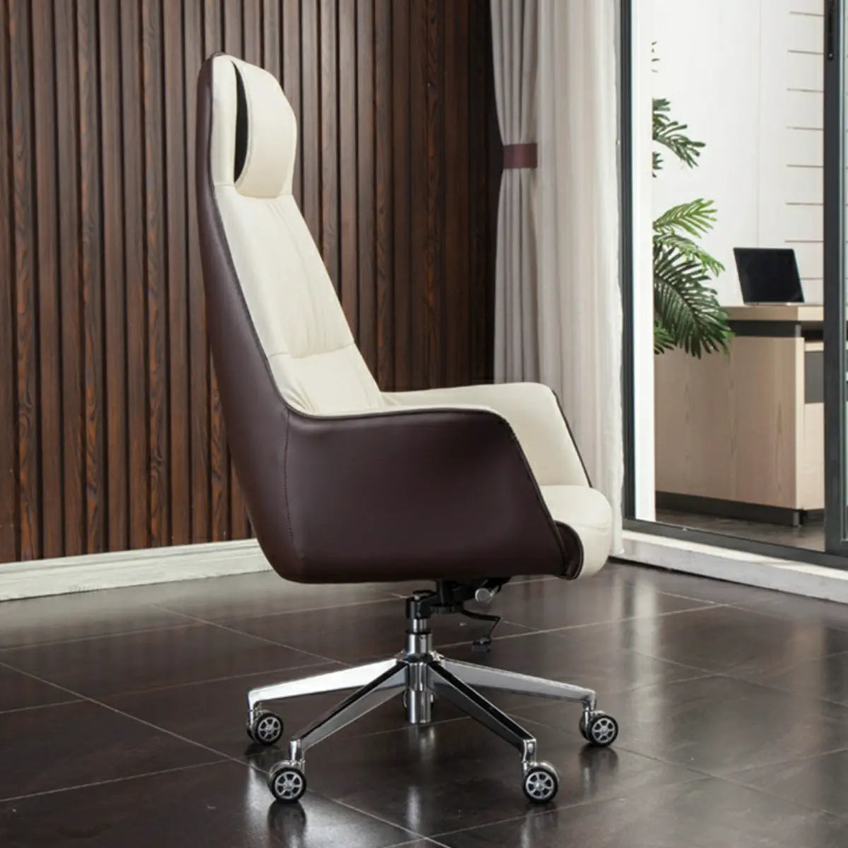Tilt Mechanism Cream Swivel Leather Executive Office Chair Image - 4