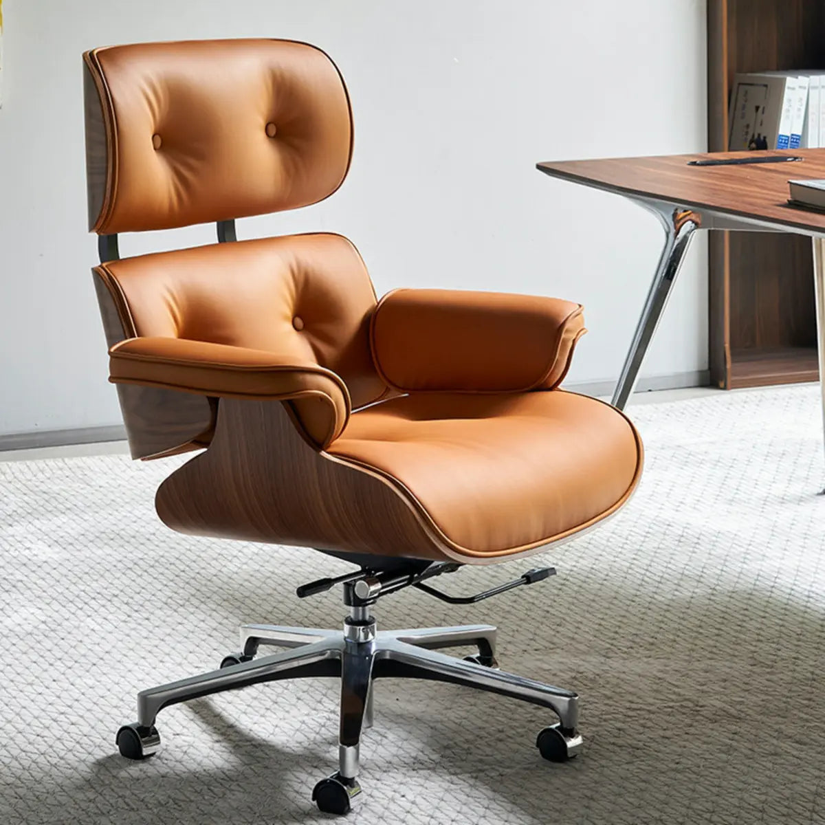 Tilt Mechanism Ergonomic Wood Swivel Leather Office Chair Image - 5