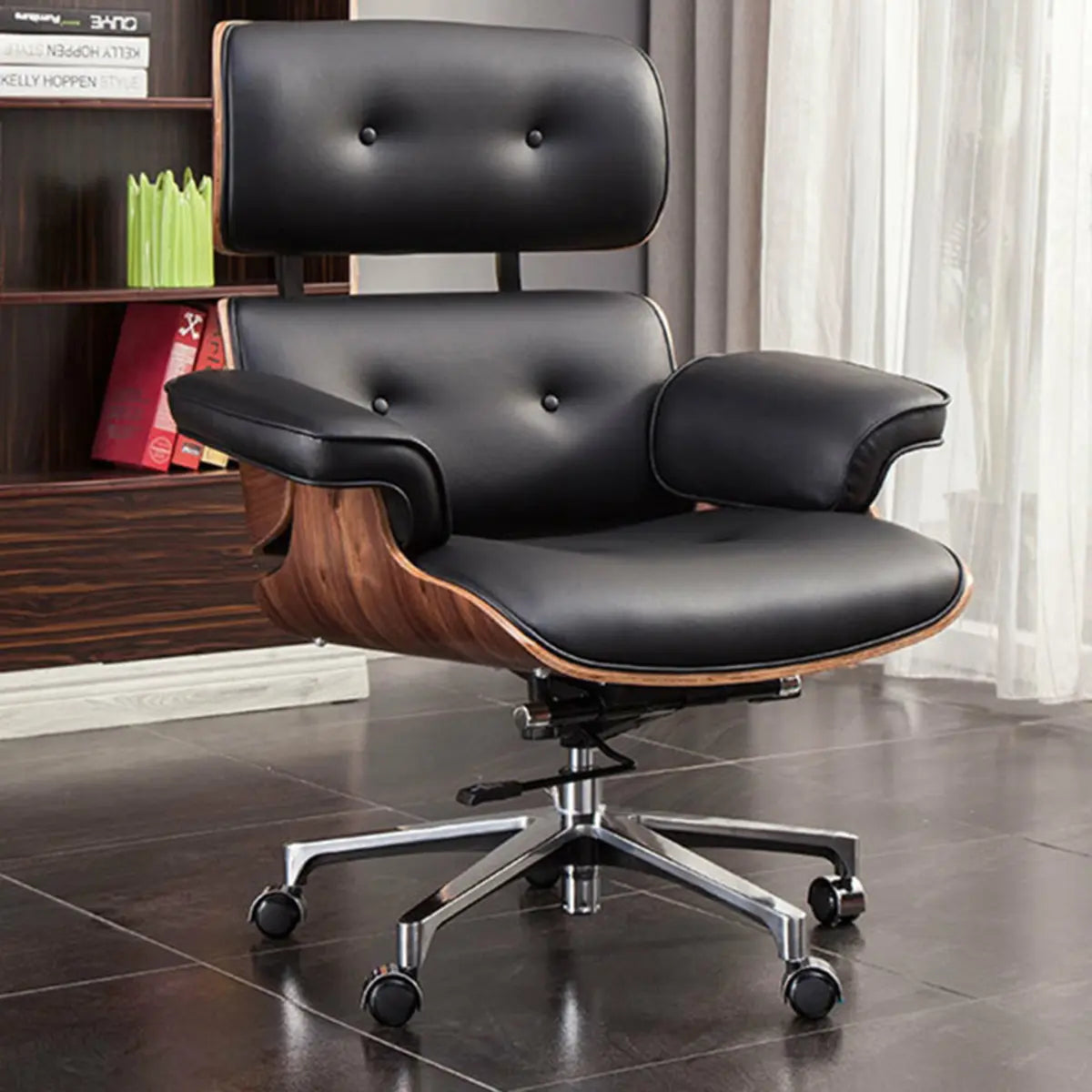 Tilt Mechanism Ergonomic Wood Swivel Leather Office Chair Image - 6