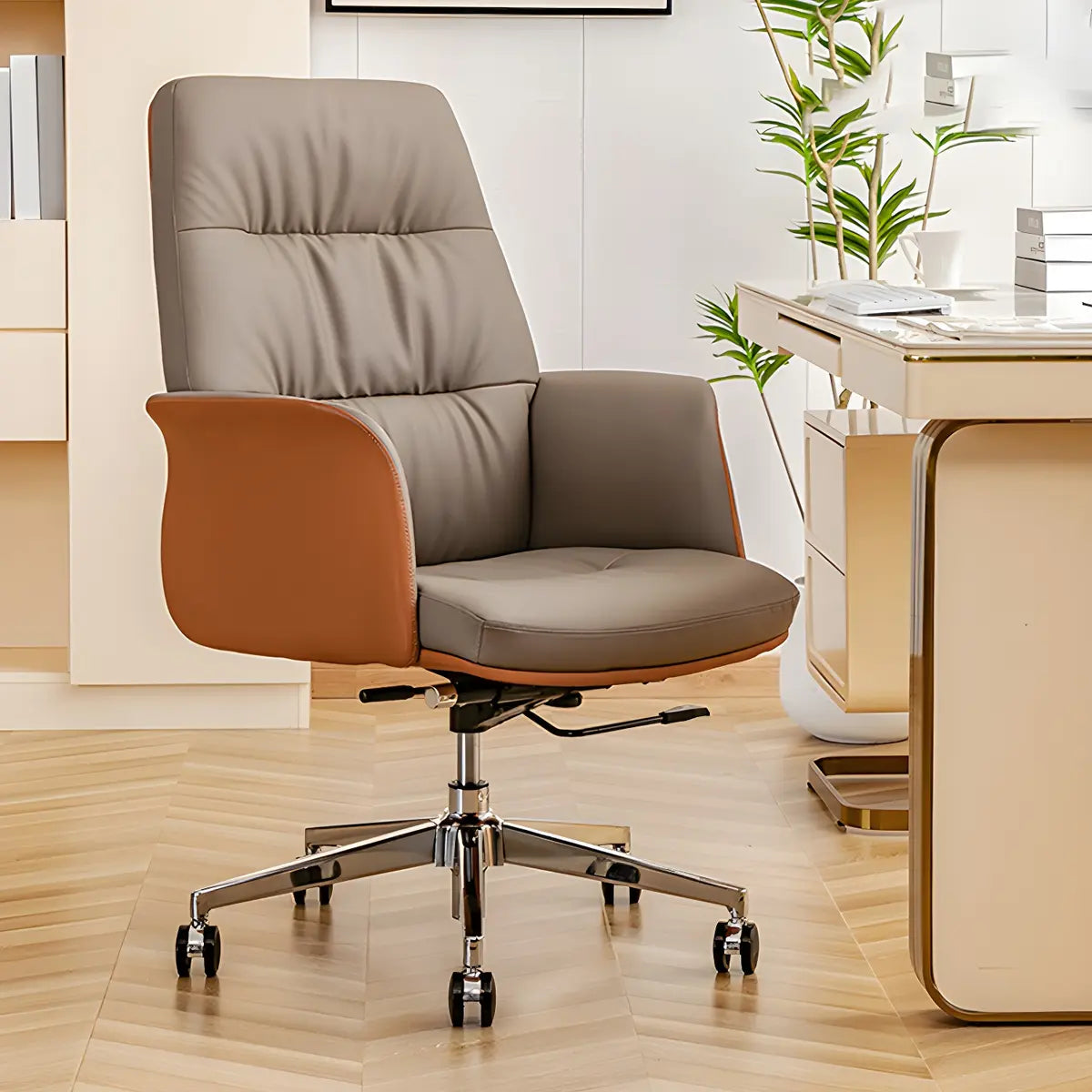 Tilt Mechanism Swivel Brown Adjustable Seating Office Chair Image - 2