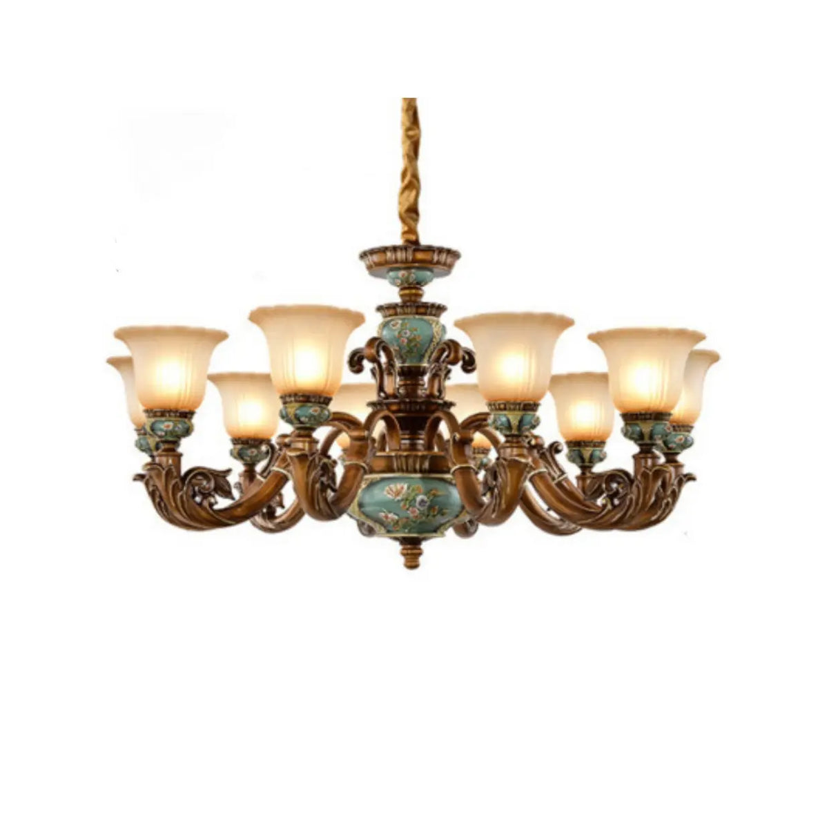 Traditional Antique Brass Ceramic Chandelier Frosted Glass Image - 10