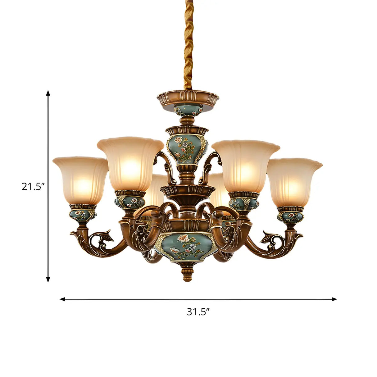 Traditional Antique Brass Ceramic Chandelier Frosted Glass Image - 11