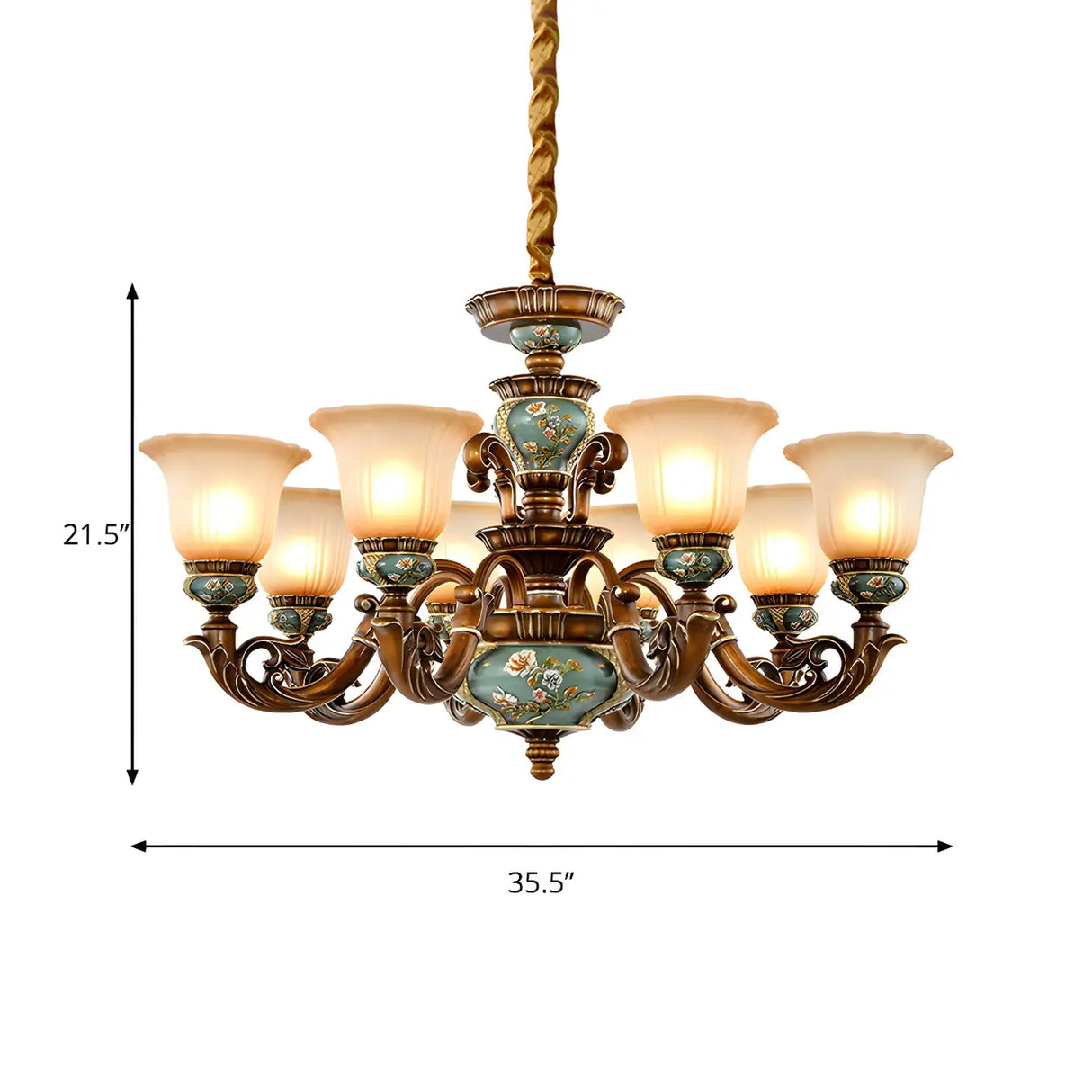 Traditional Antique Brass Ceramic Chandelier Frosted Glass Image - 12