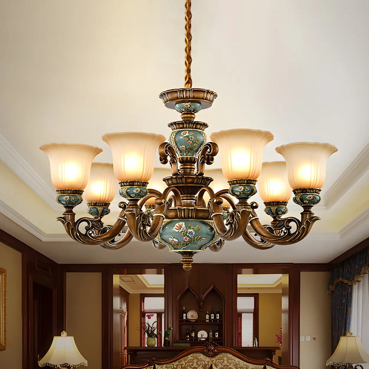 Traditional Antique Brass Ceramic Chandelier Frosted Glass Image - 6