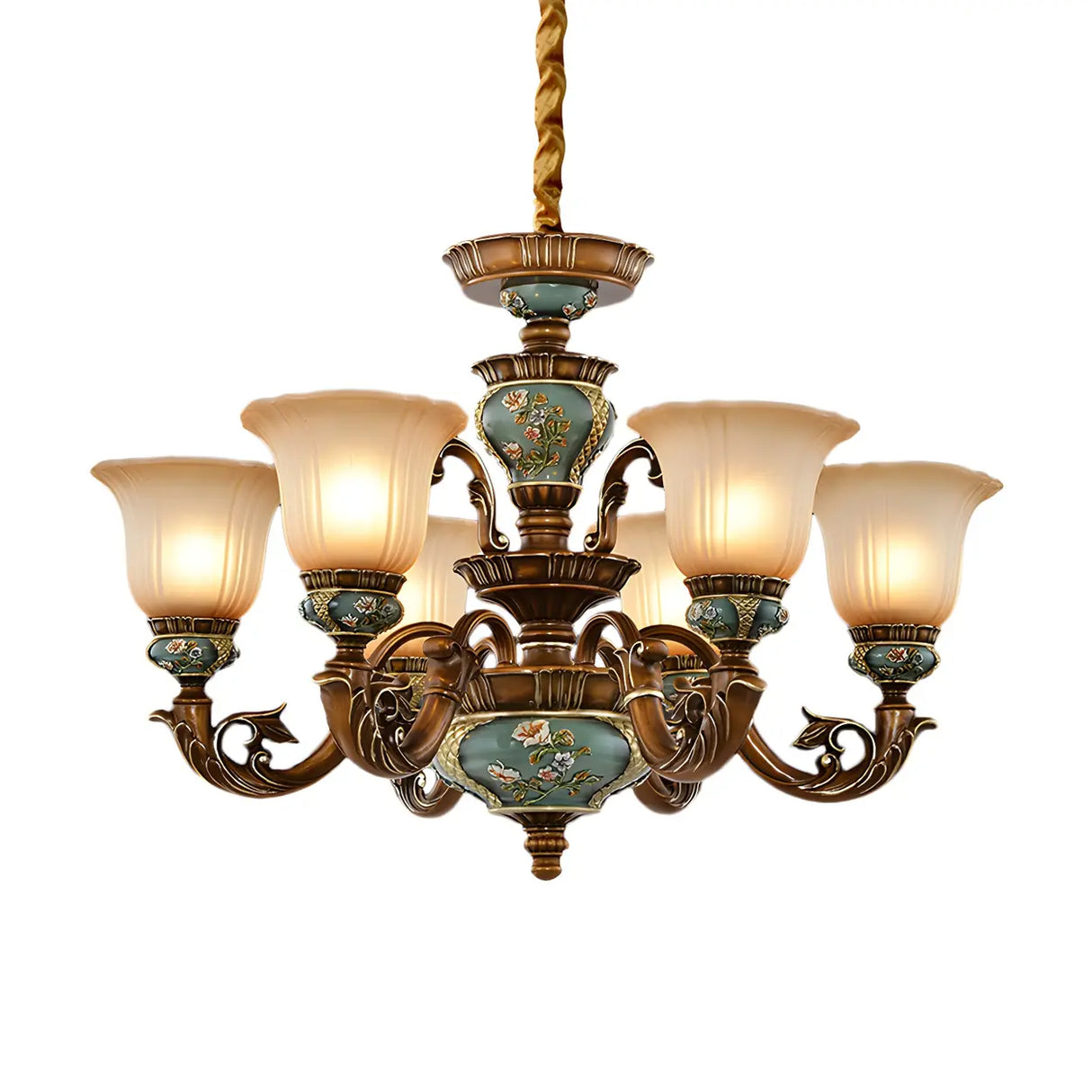 Traditional Antique Brass Ceramic Chandelier Frosted Glass Image - 7