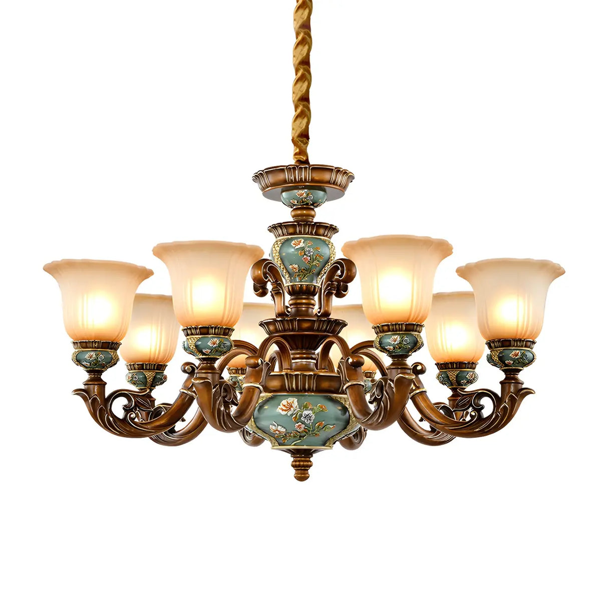Traditional Antique Brass Ceramic Chandelier Frosted Glass Image - 8