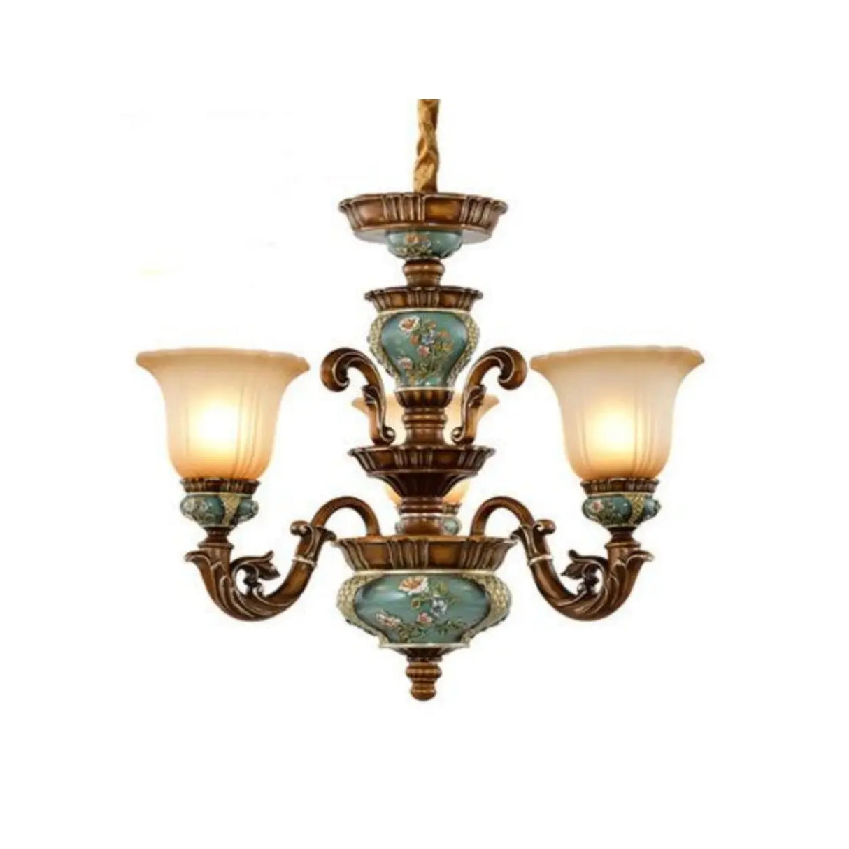 Traditional Antique Brass Ceramic Chandelier Frosted Glass Image - 9