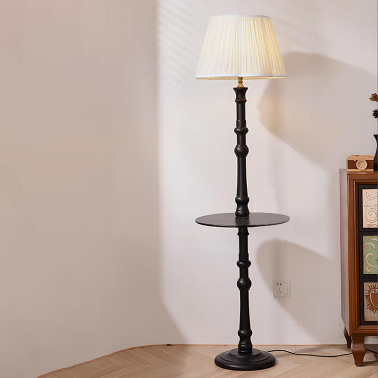 Traditional Barrel Wooden Floor Lamp with Shelves Image - 2