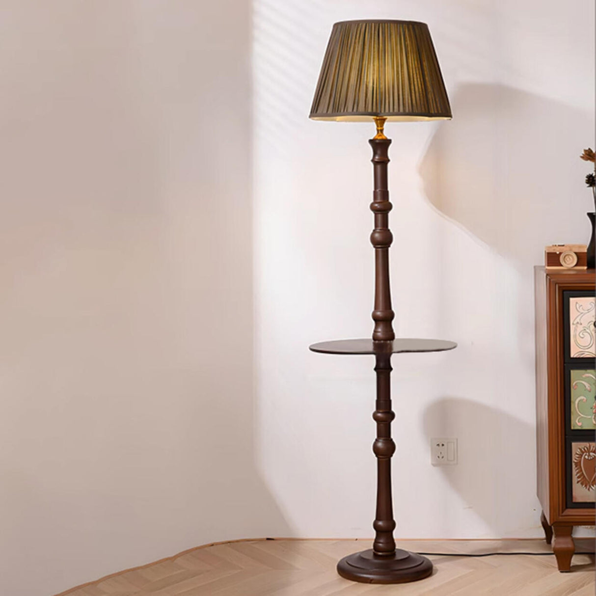 Traditional Barrel Wooden Floor Lamp with Shelves Image - 3