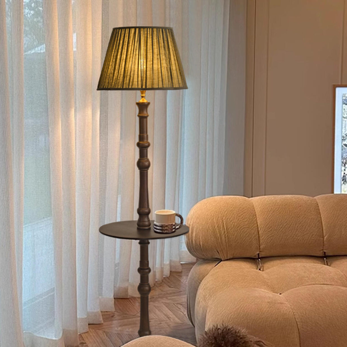 Traditional Barrel Wooden Floor Lamp with Shelves Image - 4