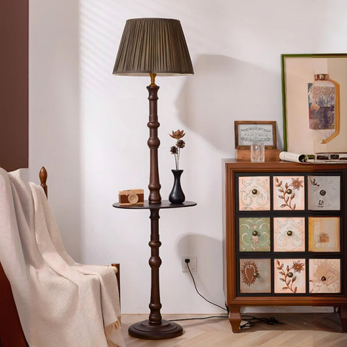 Traditional Barrel Wooden Floor Lamp with Shelves Image - 5