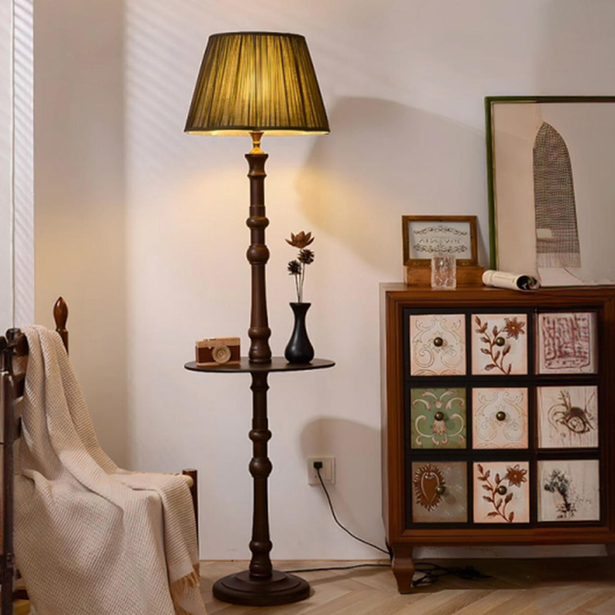Traditional Barrel Wooden Floor Lamp with Shelves Image - 6