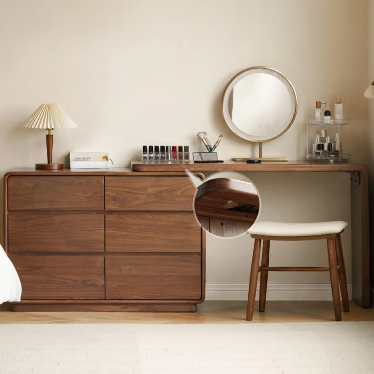 Traditional Bedroom Natural Wood Drawer Makeup Vanity Image - 3