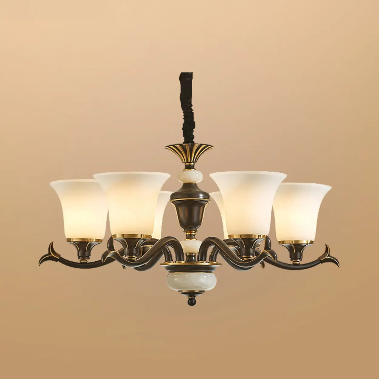 Traditional Bell Frosted Glass Chandelier Black Large Image - 11