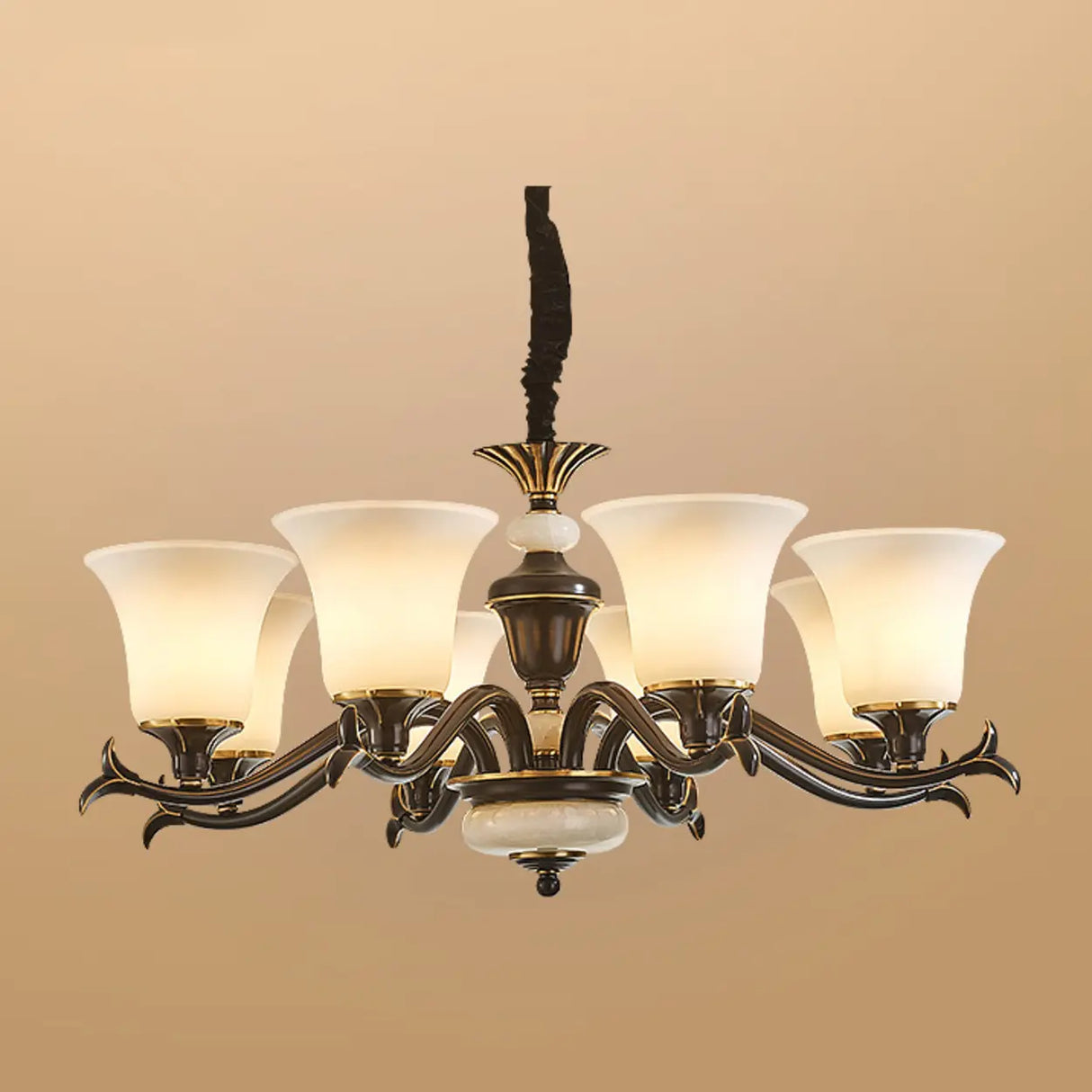 Traditional Bell Frosted Glass Chandelier Black Large Image - 12